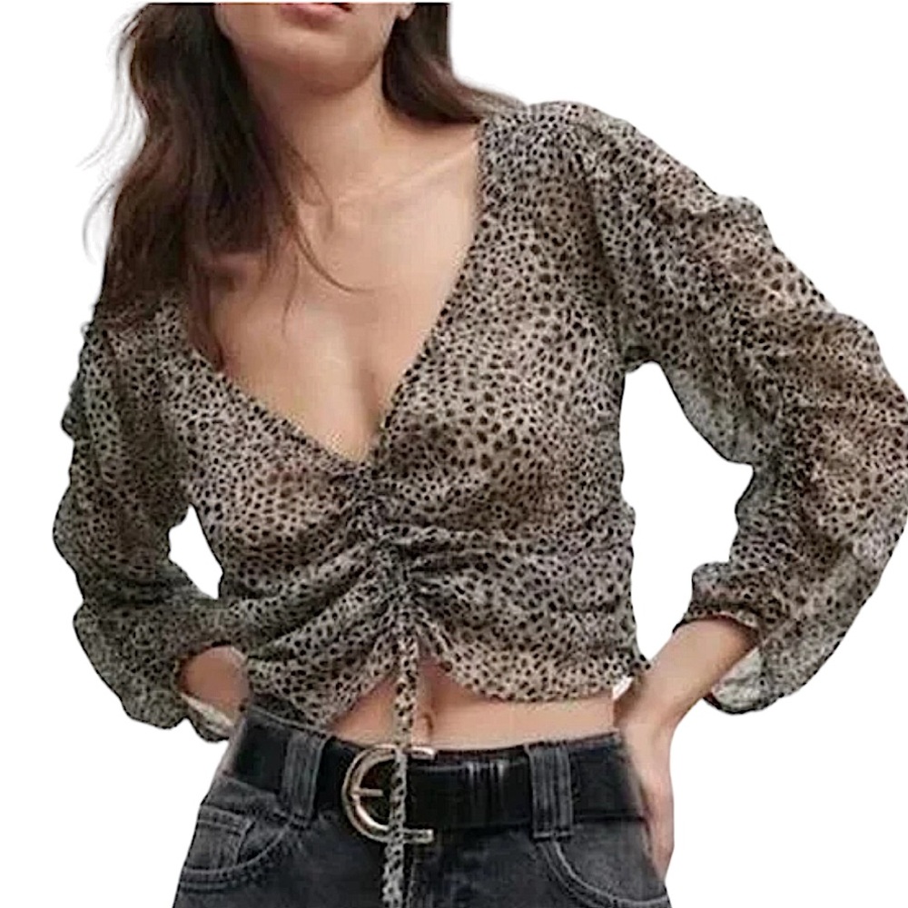 ZARA: Sheer Leopard Print Cropped Blouse V-Neck Ruched Bust Side Zip -Size Large
